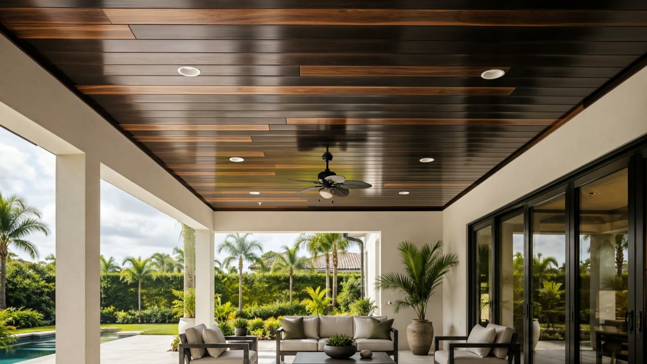 Covered lanai with a completed dark walnut ceiling